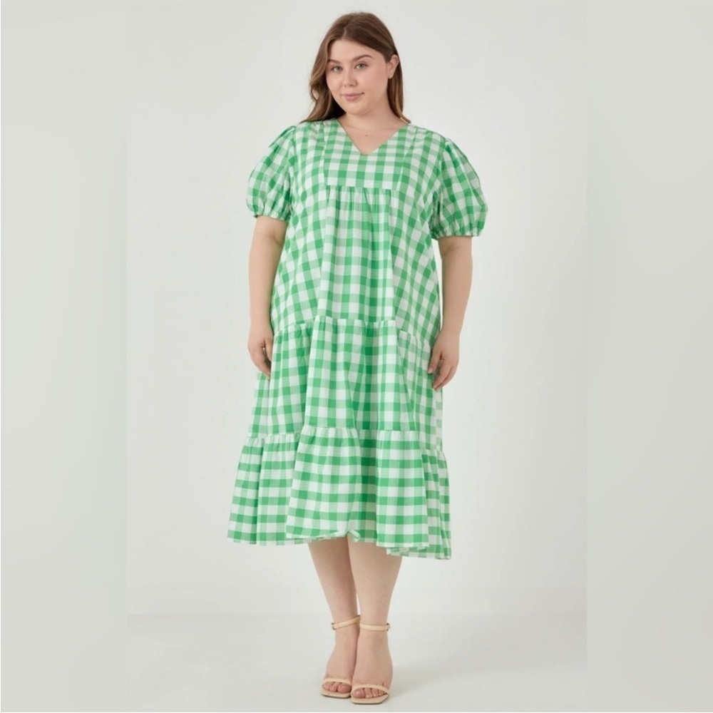 Tuckernuck English Factory Gingham Plaid V Neck Puff Sleeve Midi Dress Size 2X